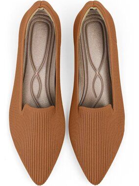 Women's Brown Knit Pointed Toe Flats Slip On Breathable Comfortable Loafers